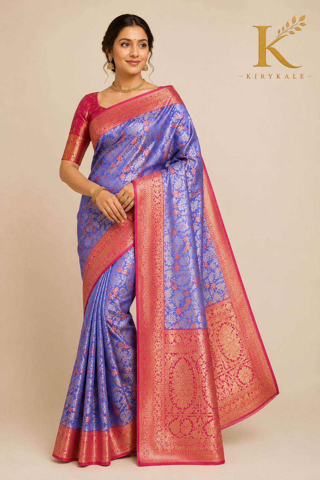 Premium Dharmavaram Pattu Silk Saree with Rich Gold Floral Zari Weaving & Contrast Rani Pink Border | Royal Blue & Rani Pink