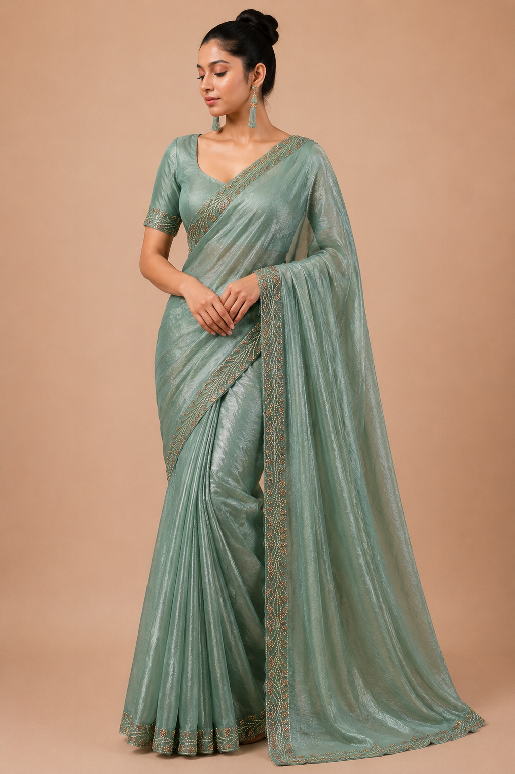Premium Designer Catalog Work Saree – Sage Green Party Wear Saree