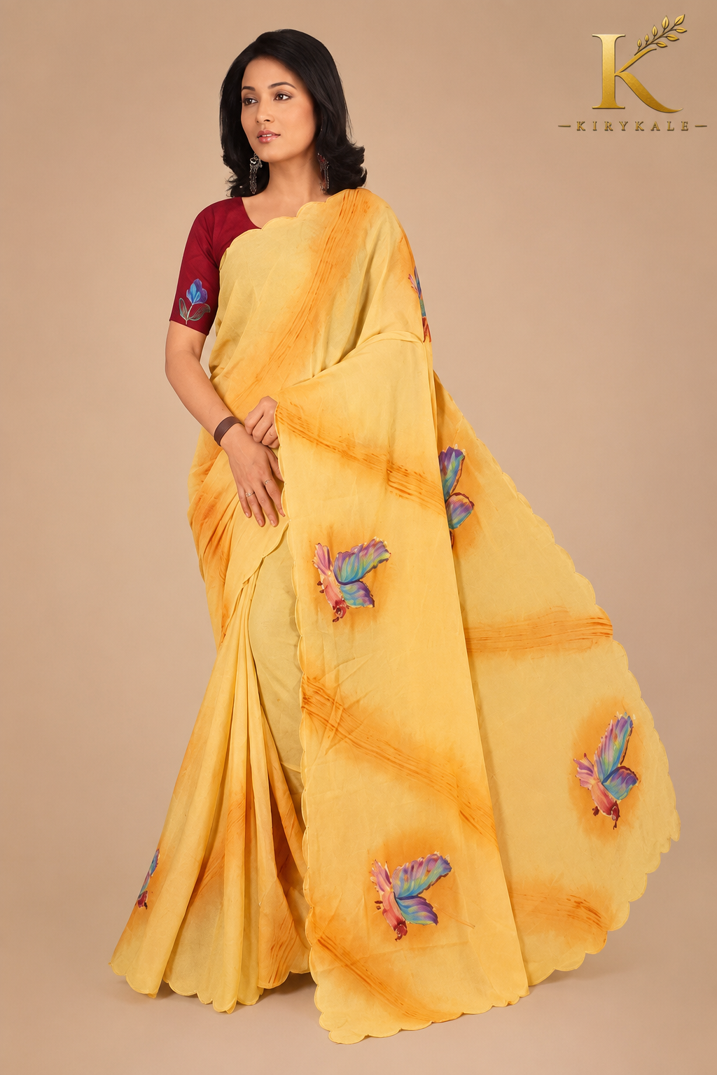 Premium Sunshine Yellow Mango Georgette Saree with Butterfly Print & Designer Blouse