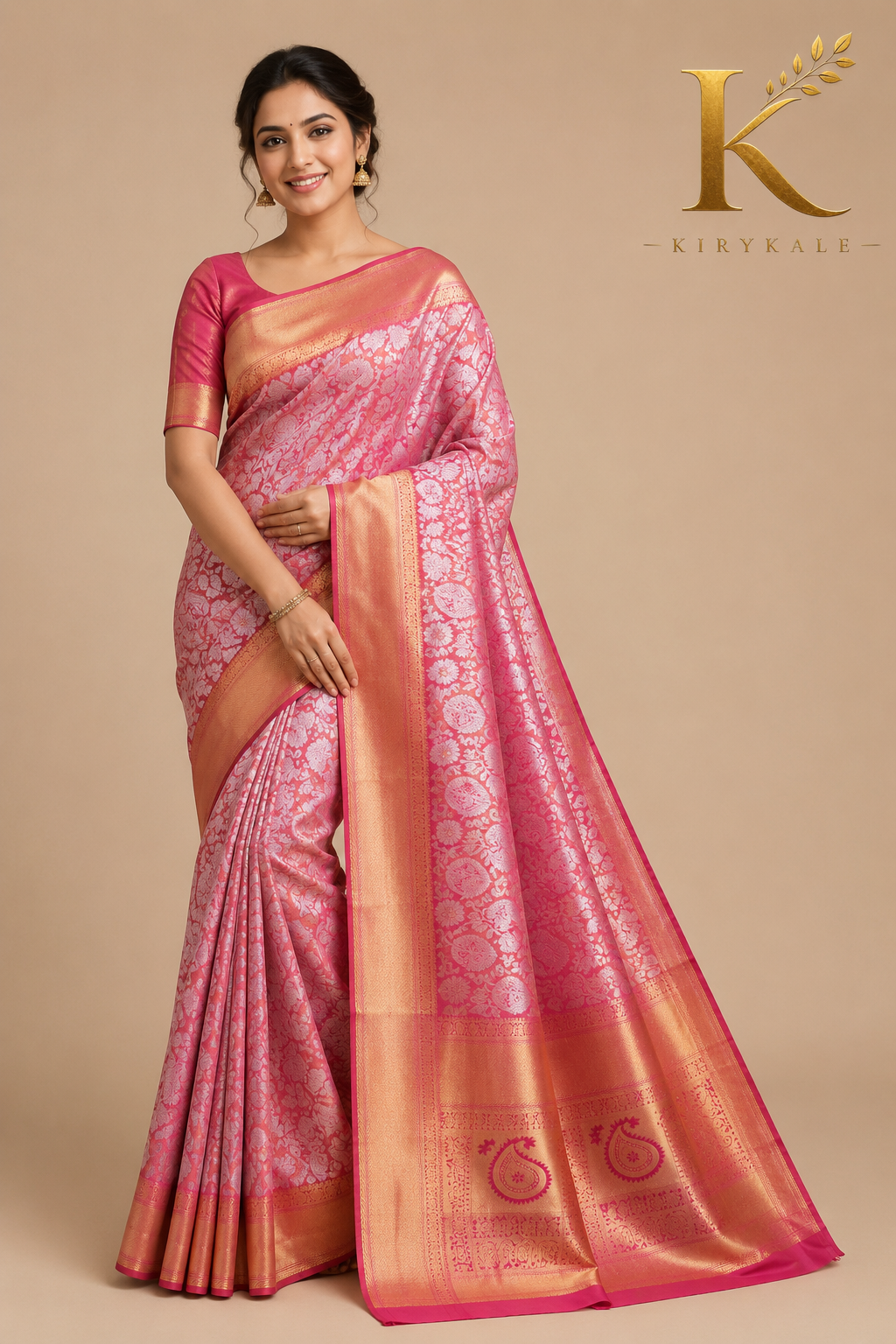 Premium Dharmavaram Pattu Silk Saree with Rich Floral Zari Weaving & Gold Border | Baby Pink & Rani Pink