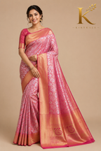 Premium Dharmavaram Pattu Silk Saree with Rich Floral Zari Weaving & Gold Border | Baby Pink & Rani Pink