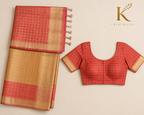 Premium Gold & Coral Pink Tisu Organza Silk Saree with Rich Zari Checks