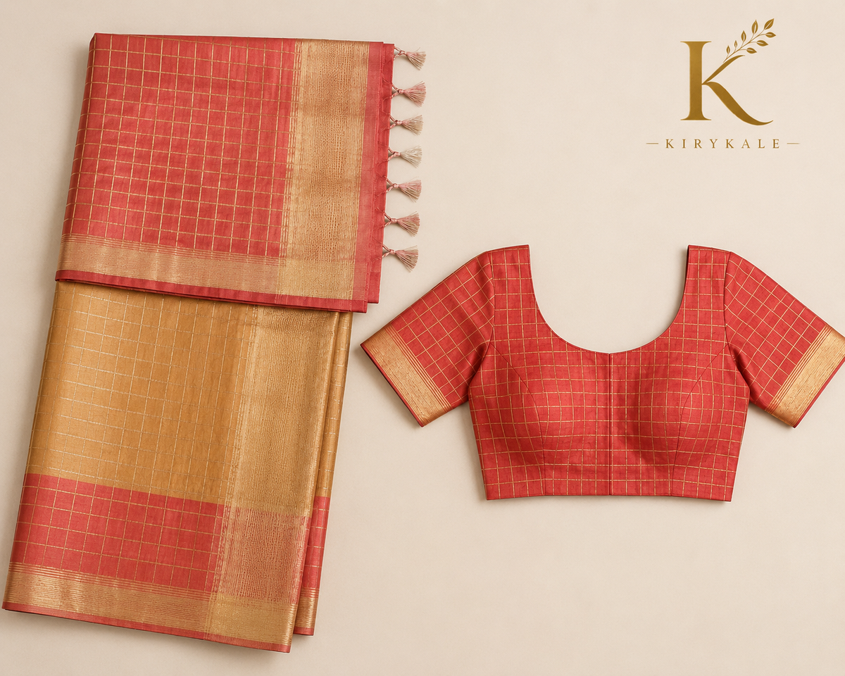 Premium Gold & Coral Pink Tisu Organza Silk Saree with Rich Zari Checks