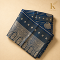 Premium Navy Blue Chiniya Georgette Pattu Saree – Silver Zari Butta with Grand Floral Border & Matching Blouse