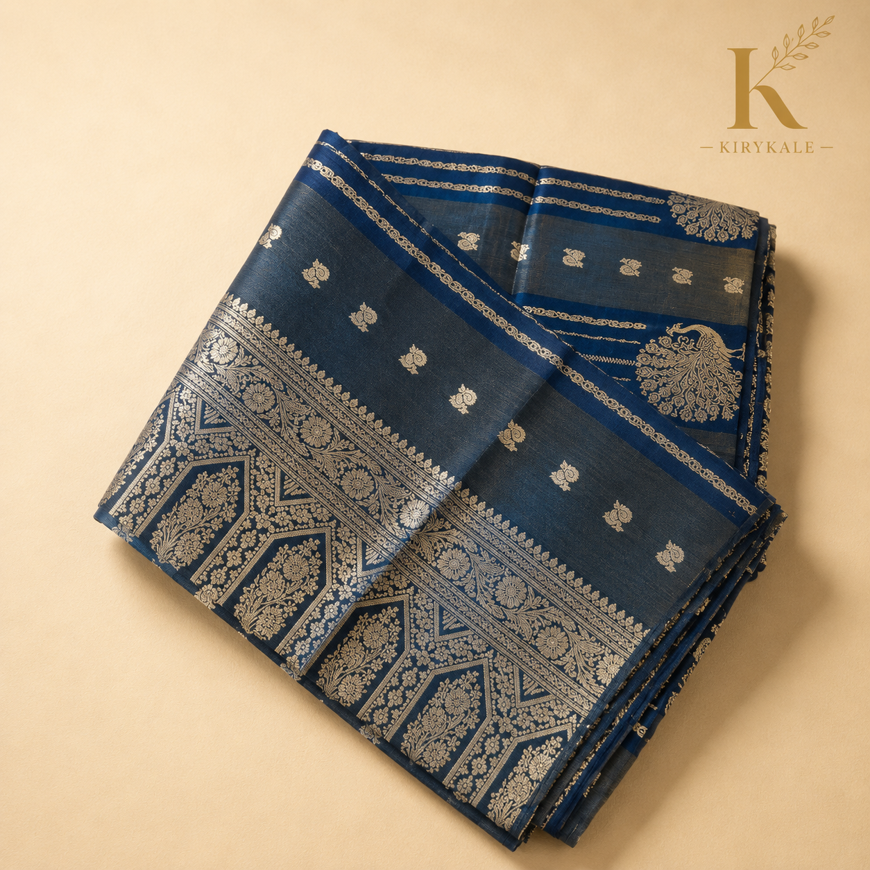 Premium Navy Blue Chiniya Georgette Pattu Saree – Silver Zari Butta with Grand Floral Border & Matching Blouse
