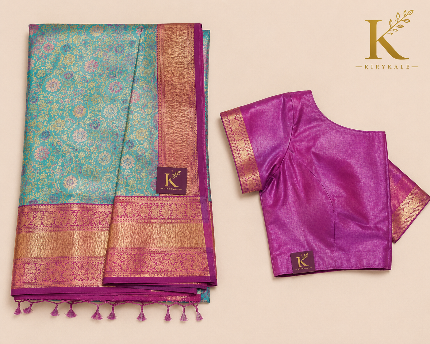Premium Dharmavaram Pattu Silk Saree with Rich Floral Gold Zari Weaving & Contrast Magenta Border | Aqua Blue & Magenta