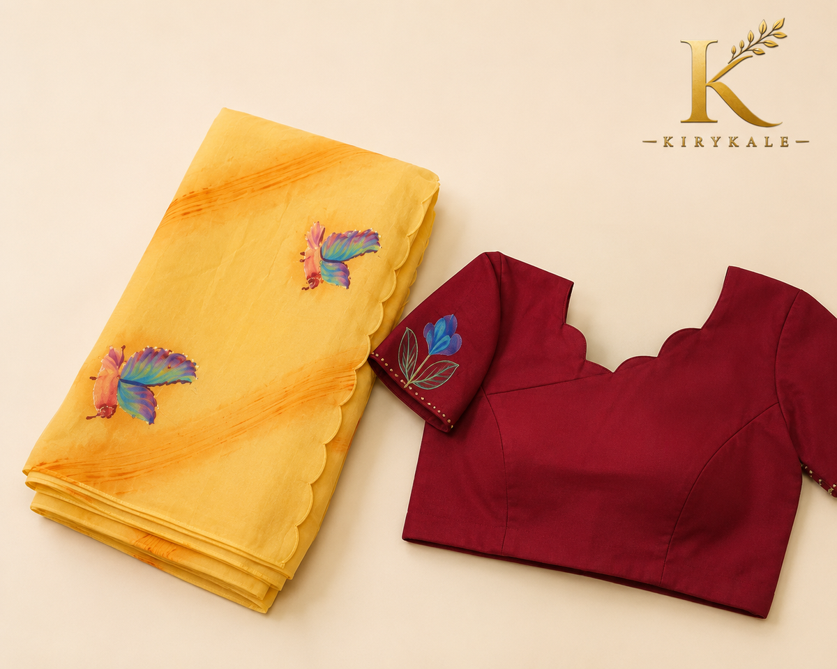 Premium Sunshine Yellow Mango Georgette Saree with Butterfly Print & Designer Blouse