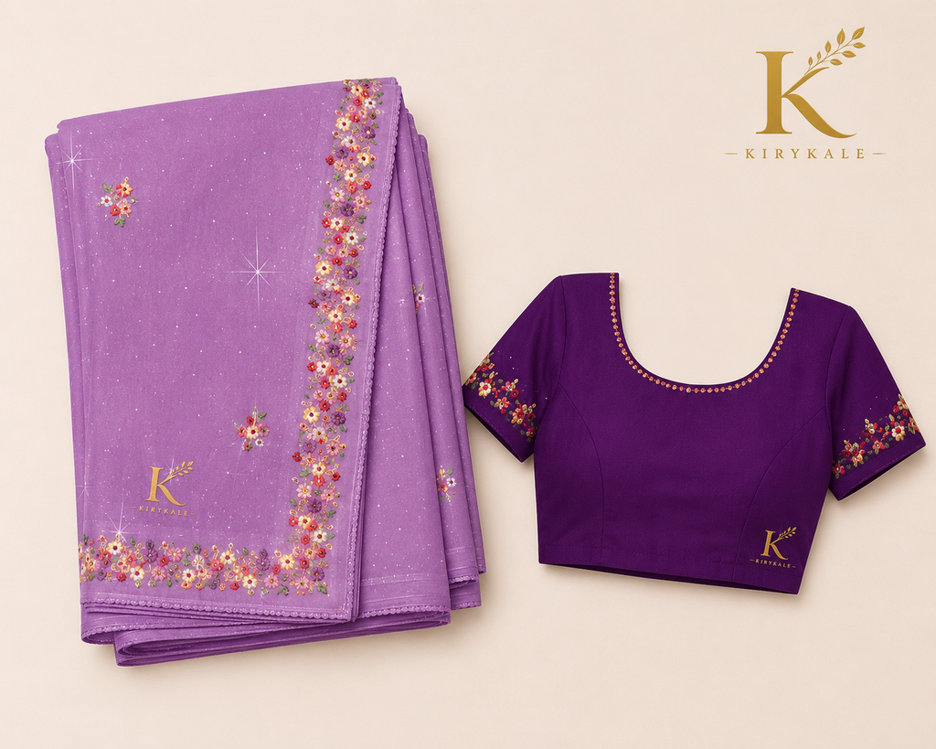 Premium Lavender Mango Crepe Saree with Floral Embroidery & Designer Blouse