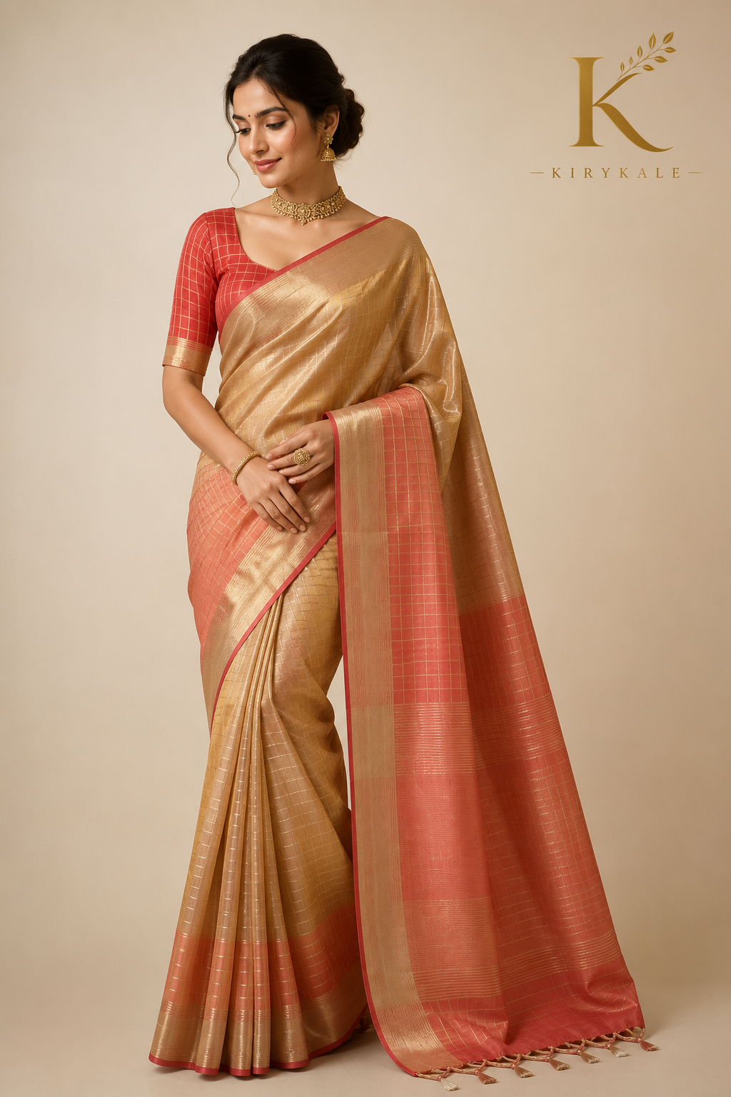 Premium Gold & Coral Pink Tisu Organza Silk Saree with Rich Zari Checks