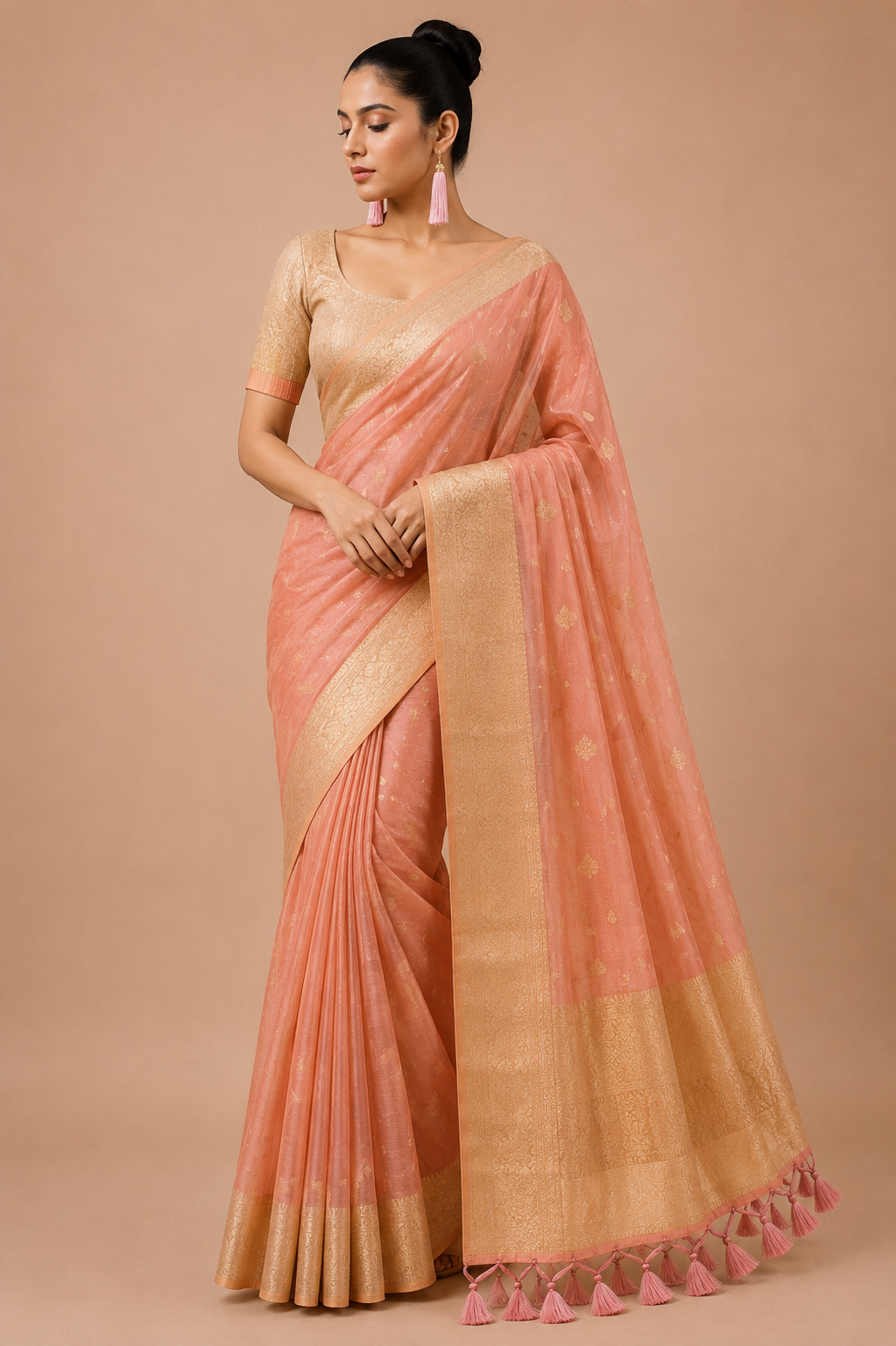 Premium Tisu Organza Silk Saree – Peach Pink Party Wear Saree