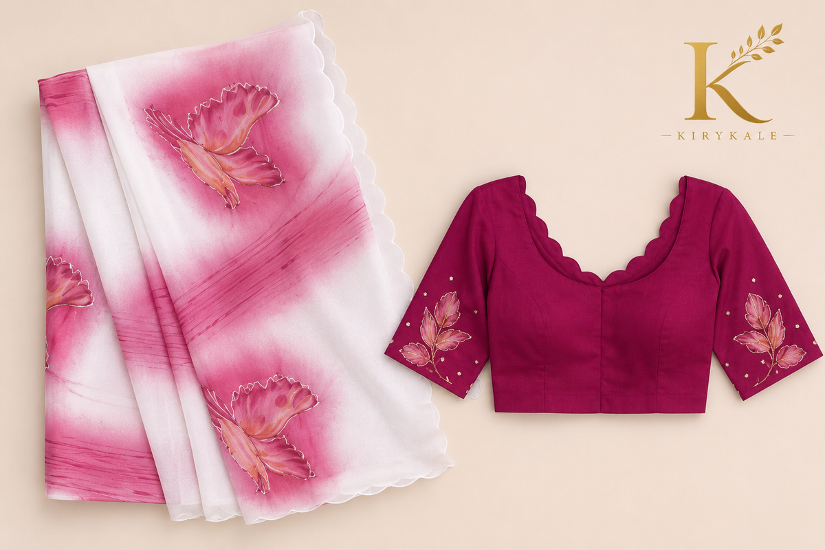 Premium White & Pink Mango Georgette Saree with Butterfly Print & Designer Blouse
