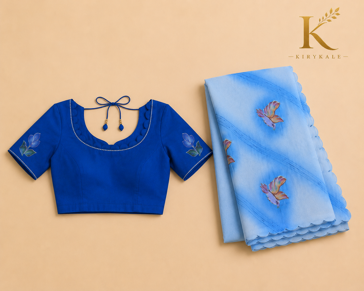 Premium Sky Blue Mango Georgette Saree with Butterfly Print & Designer Blouse