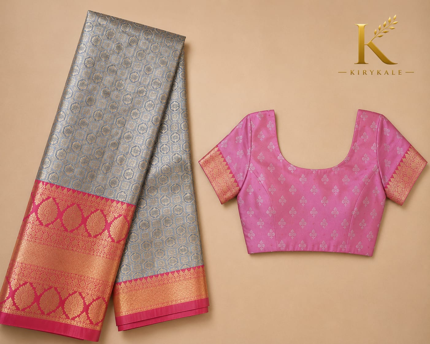 Premium Dharmavaram Pattu Silk Saree with Antique Silver Zari Weaving & Contrast Pink Border | Steel Grey & Rani Pink