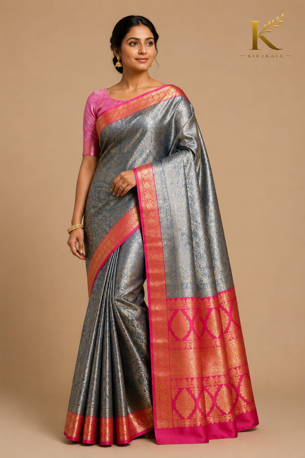 Premium Dharmavaram Pattu Silk Saree with Antique Silver Zari Weaving & Contrast Pink Border | Steel Grey & Rani Pink
