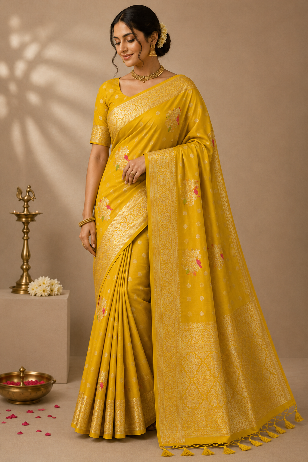 Premium Banaras Soft Silk Saree – Mustard Yellow Gold Zari Floral Butta with Designer Blouse