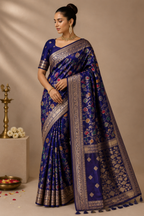 Premium Banaras Soft Silk Saree – Royal Navy Blue Floral Zari Weaving with Designer Blouse
