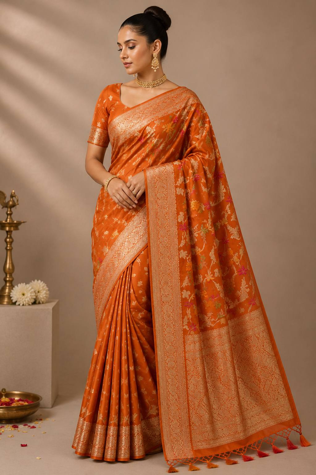 Premium Banaras Soft Silk Saree – Burnt Orange Floral Zari Weaving with Designer Blouse