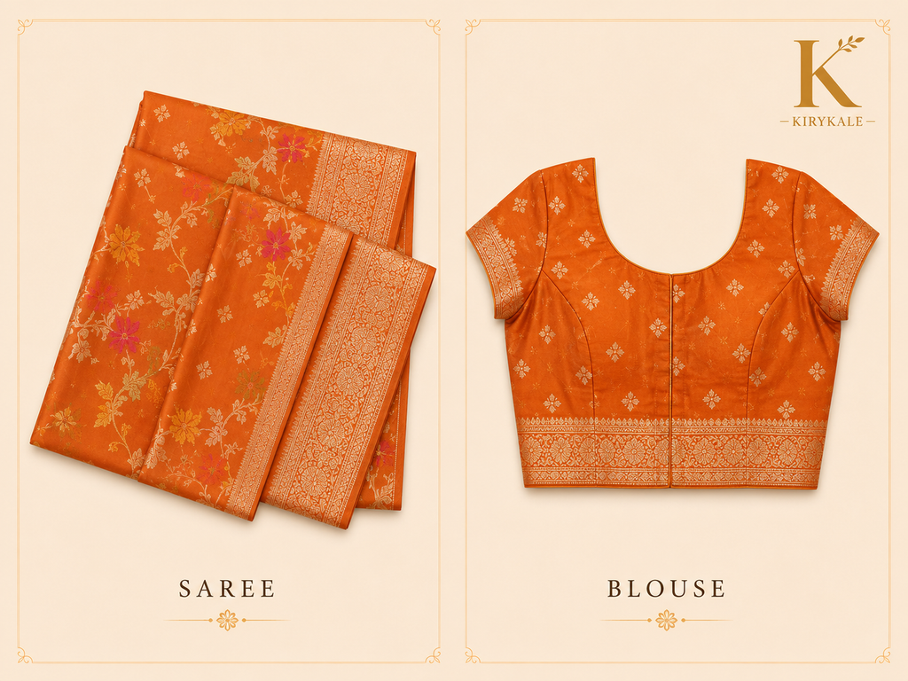 Premium Banaras Soft Silk Saree – Burnt Orange Floral Zari Weaving with Designer Blouse