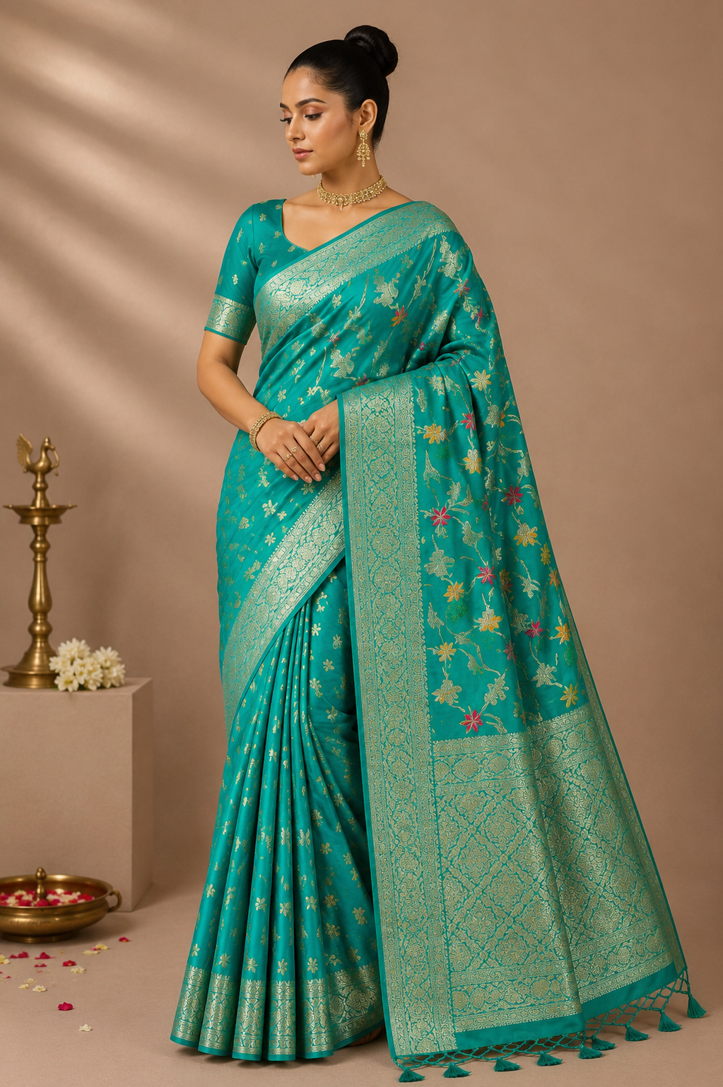 Premium Banaras Soft Silk Saree – Peacock Teal Green Floral Zari Weaving with Designer Blouse