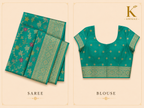 Premium Banaras Soft Silk Saree – Peacock Teal Green Floral Zari Weaving with Designer Blouse